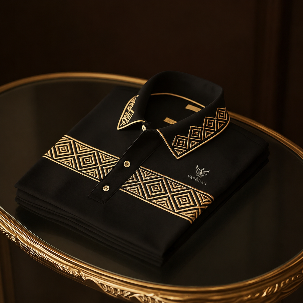 VARDHAN Abyssal Emperor Polo — Jet Black & Imperial Gold Diamond Jacquard | Born in Darkness. Crowned in Gold.