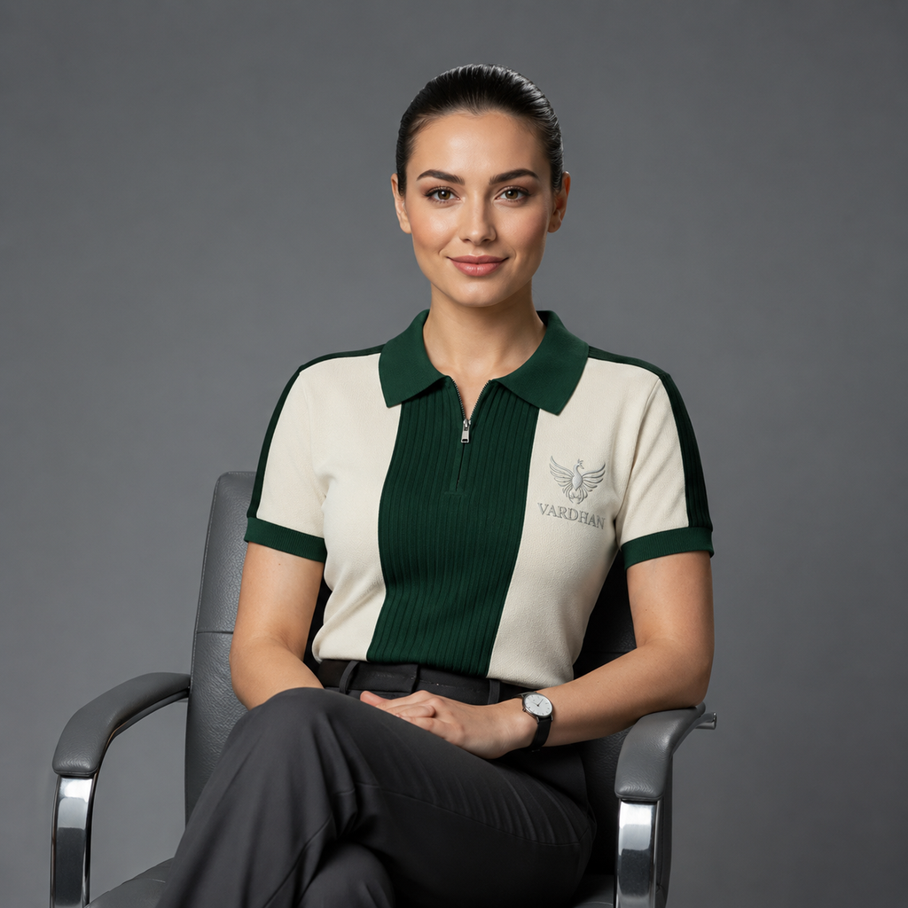 Vardhan Emerald Zip Polo — Forest Green & Ivory Colorblock | Women's