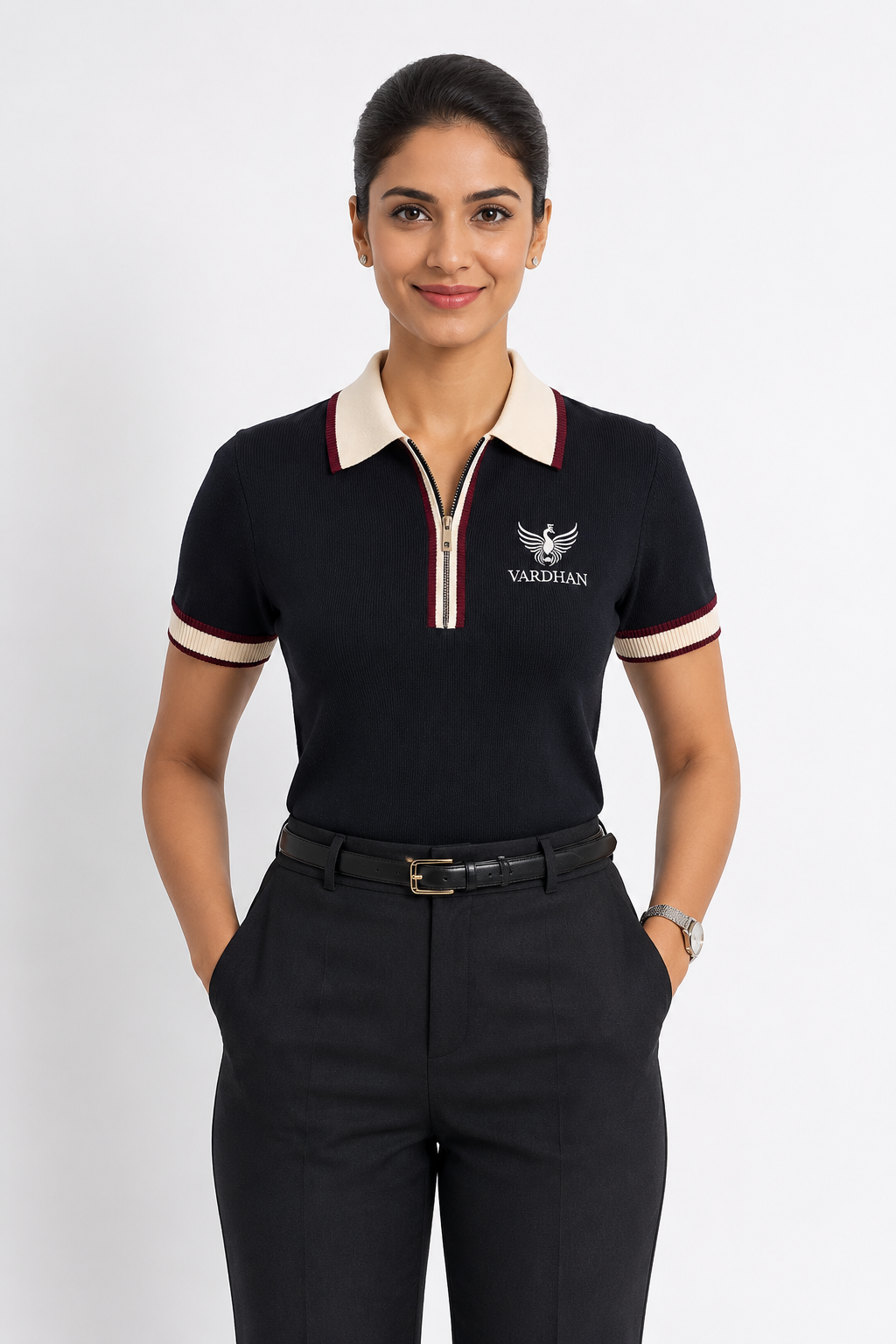 Vardhan Navy Sovereign Zip Polo — Deep Navy & Cream Burgundy Stripe | Women's
