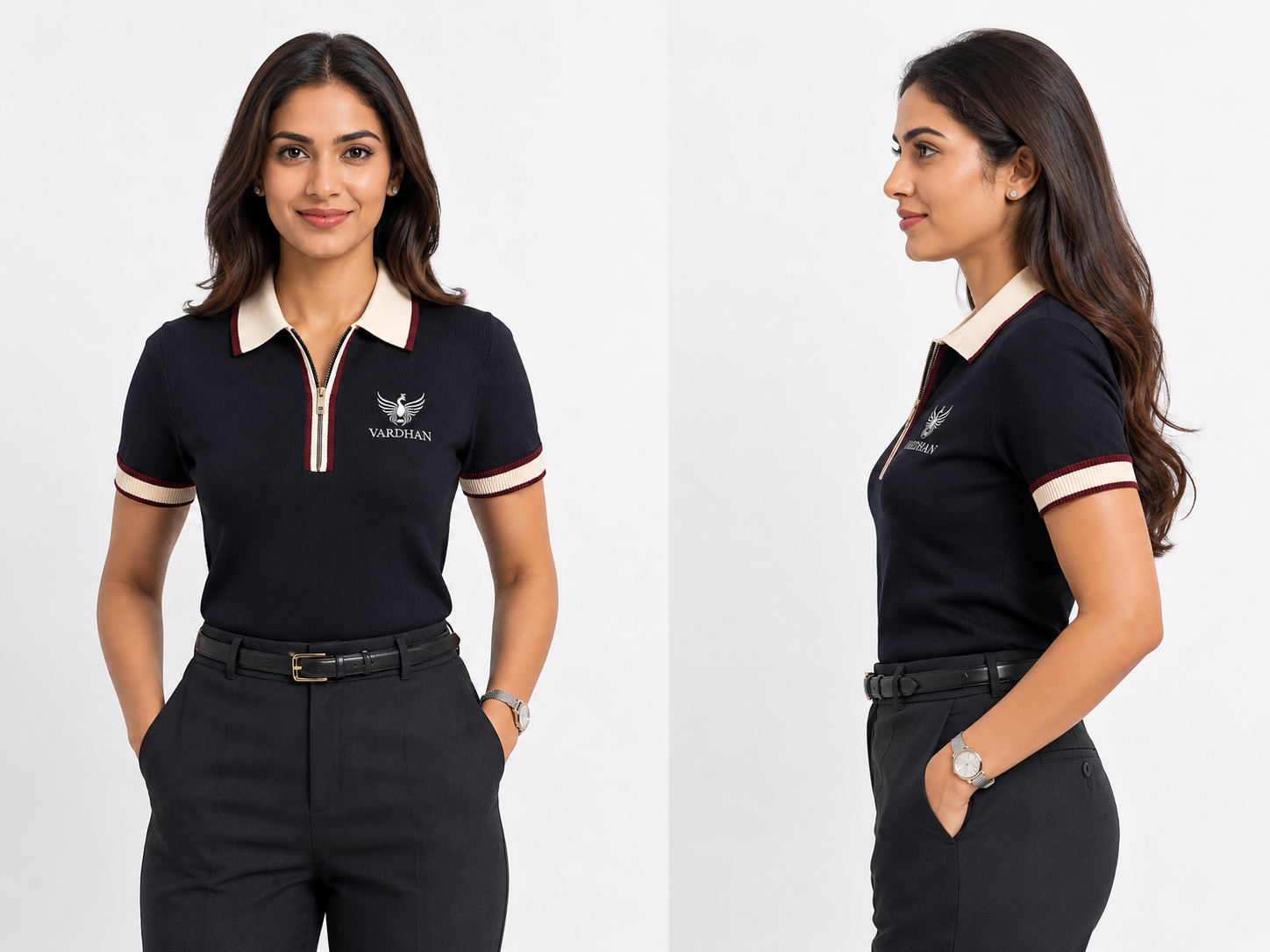 Vardhan Navy Sovereign Zip Polo — Deep Navy & Cream Burgundy Stripe | Women's