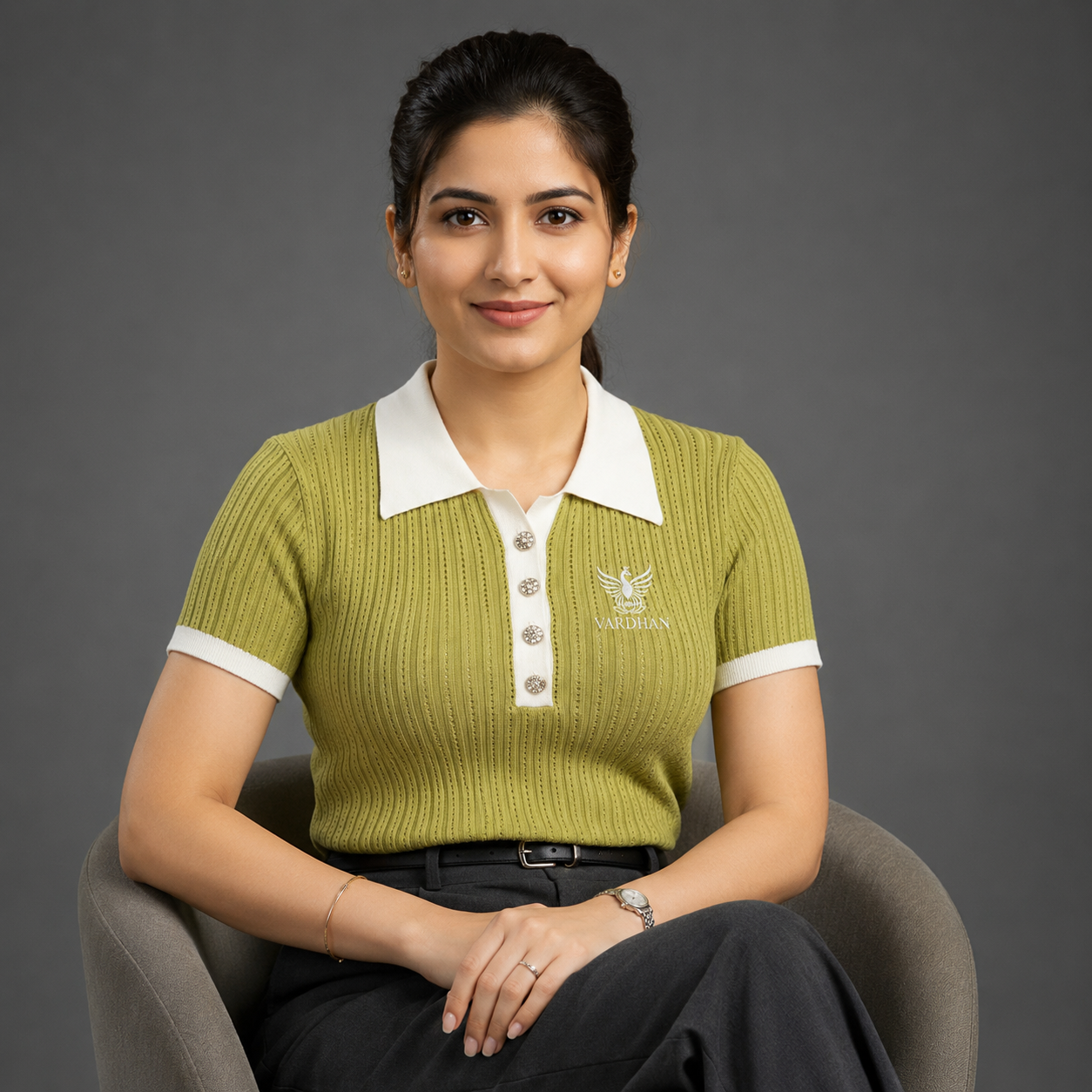 Vardhan Soleil Polo — Olive & White Short Sleeve Ribbed | Women's