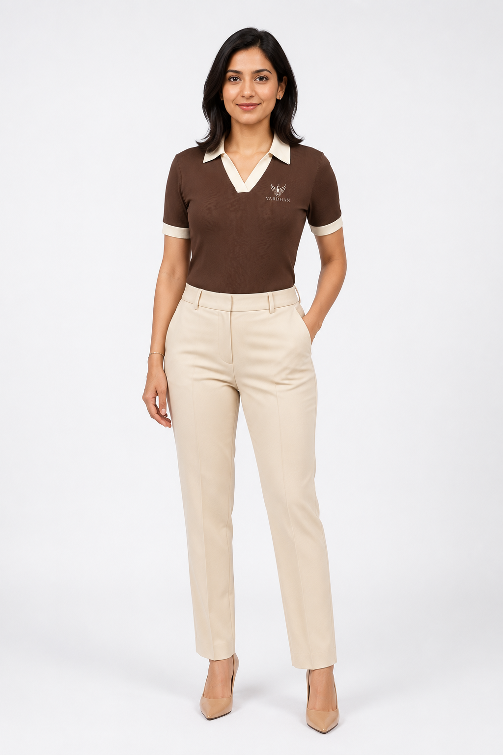 Vardhan Cacao Polo — Chocolate Brown & Cream Open Collar | Women's