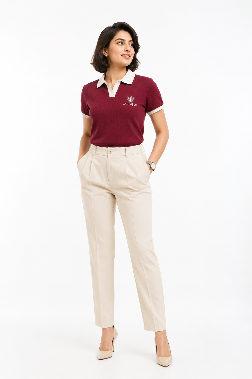 Vardhan Crimson Polo — Deep Red & White Open Collar | Women's