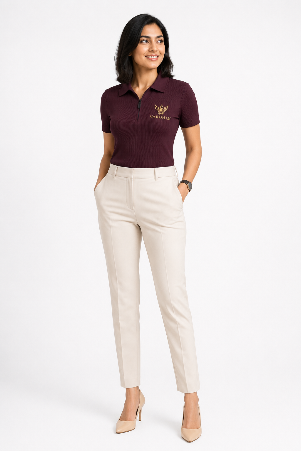 Vardhan Plum Noir Zip Polo — Deep Plum & Gold | Women's