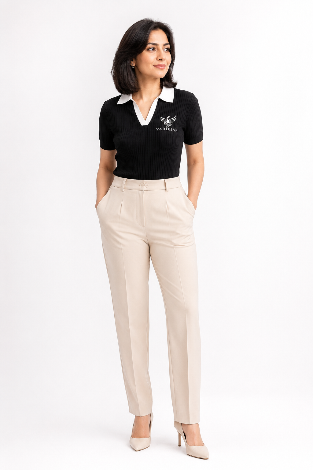 Vardhan Noir Polo — Jet Black & White Open V-Neck | Women's