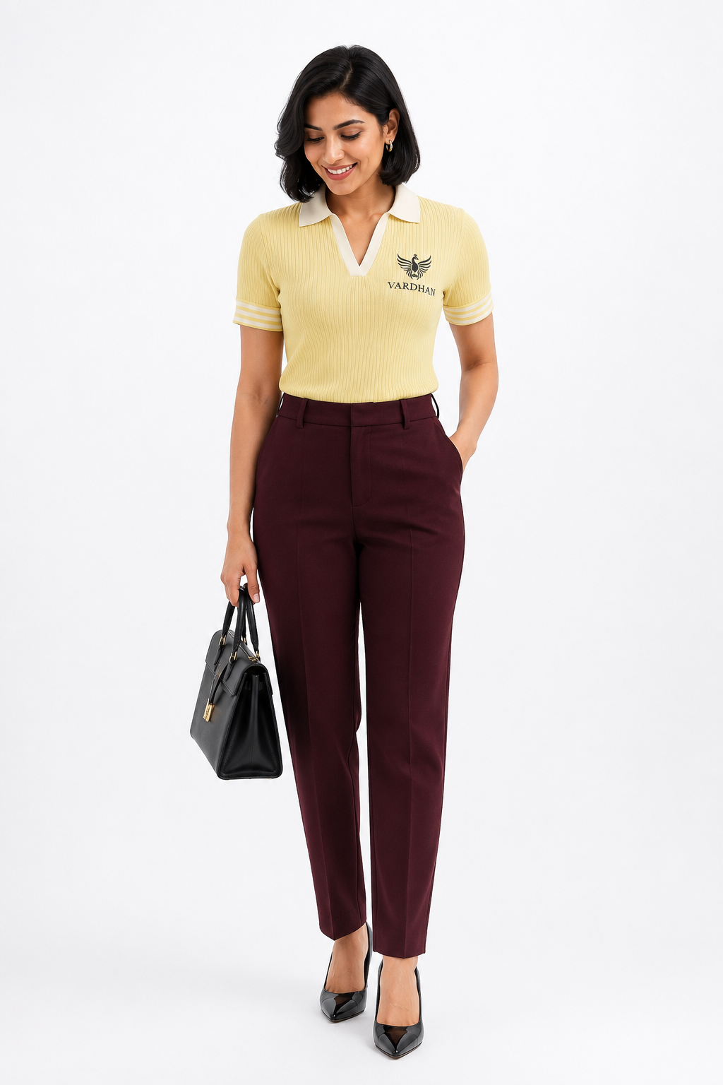 Vardhan Solara Polo — Lemon Yellow & White Open V-Neck | Women's