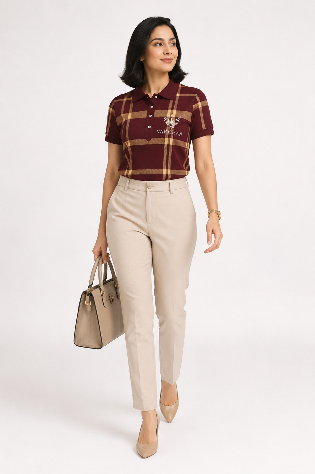 Vardhan Royal Tartan Polo — Burgundy & Gold Plaid | Women's