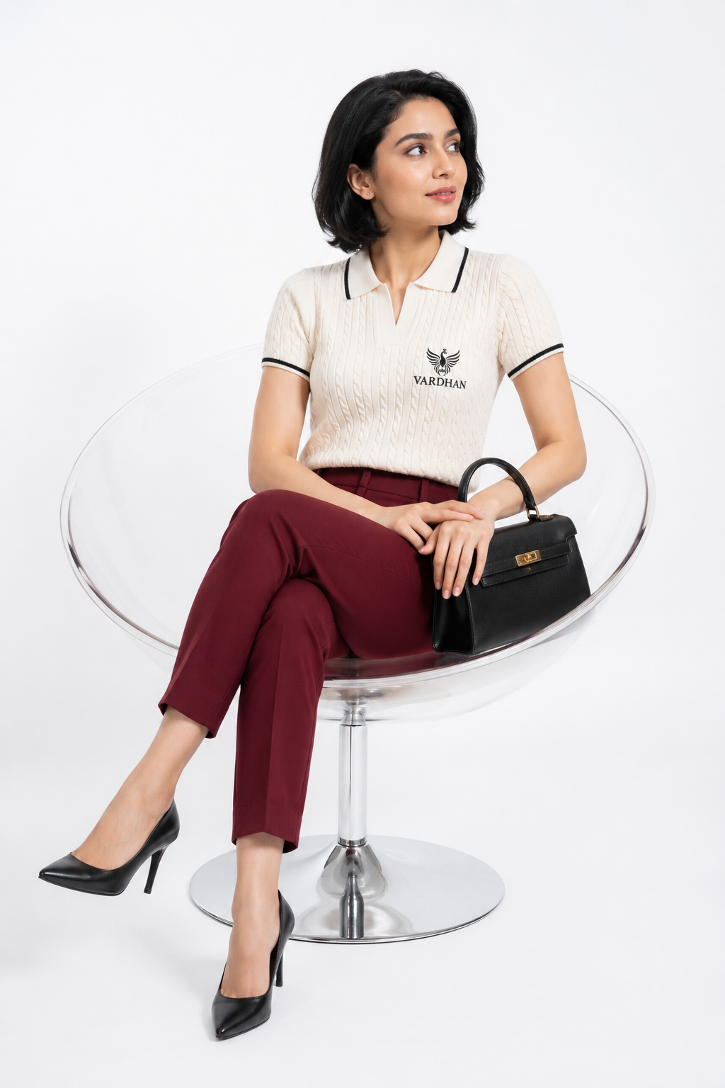 Vardhan Hamptons Polo — Cream Cable-Knit & Black Tipped Collar | Women's