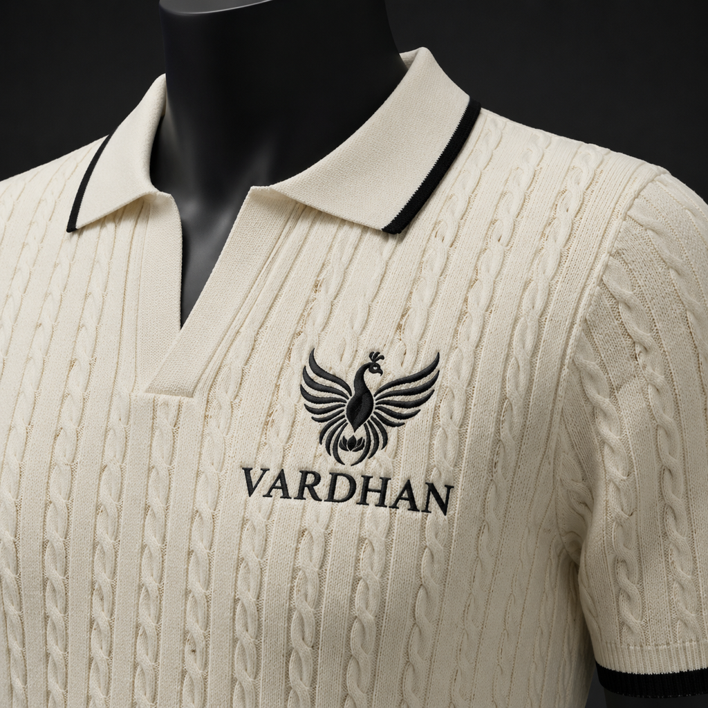 Vardhan Hamptons Polo — Cream Cable-Knit & Black Tipped Collar | Women's