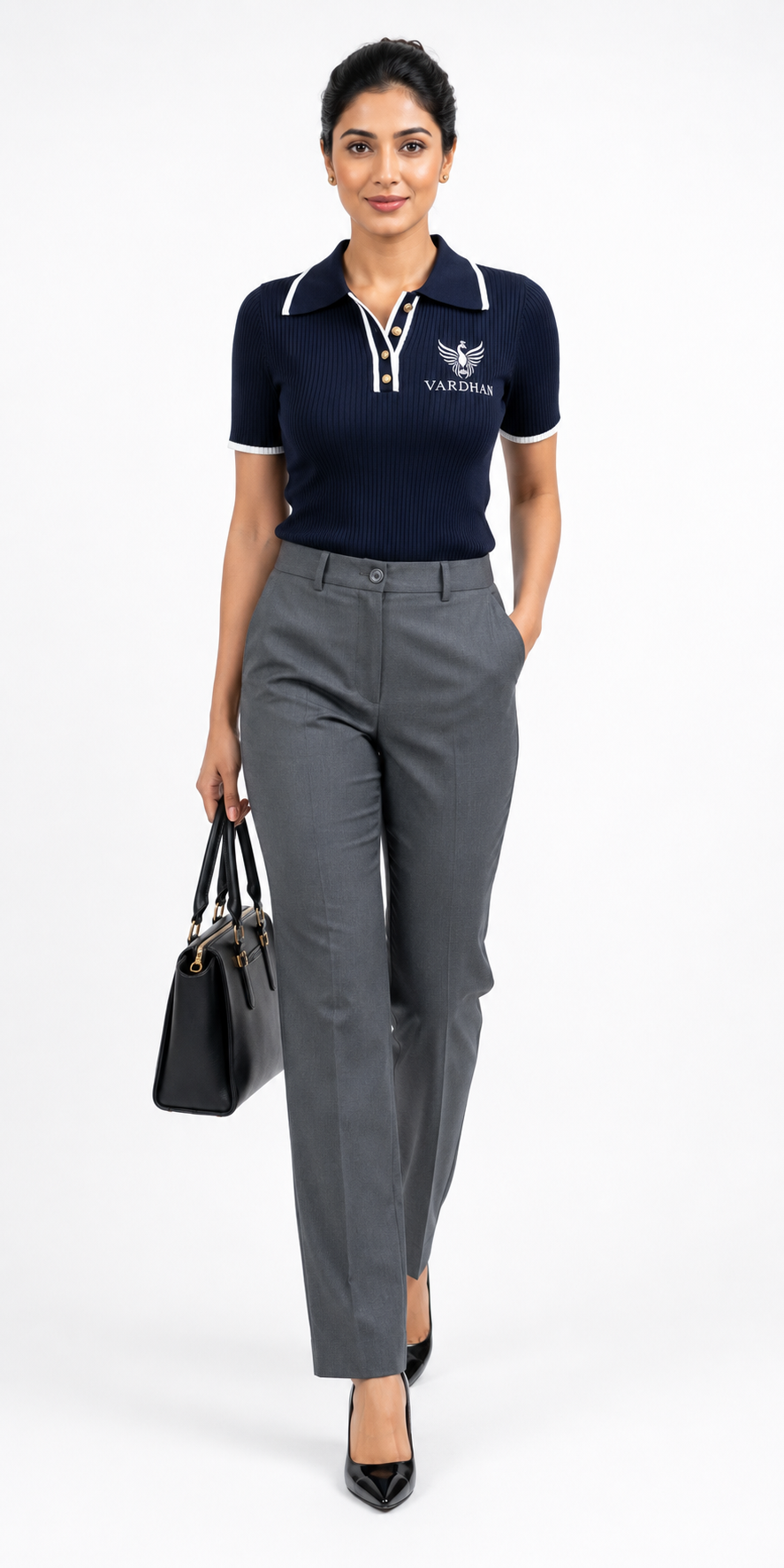Vardhan Nautique Polo — Deep Navy Ribbed & Gold Buttons | Women's