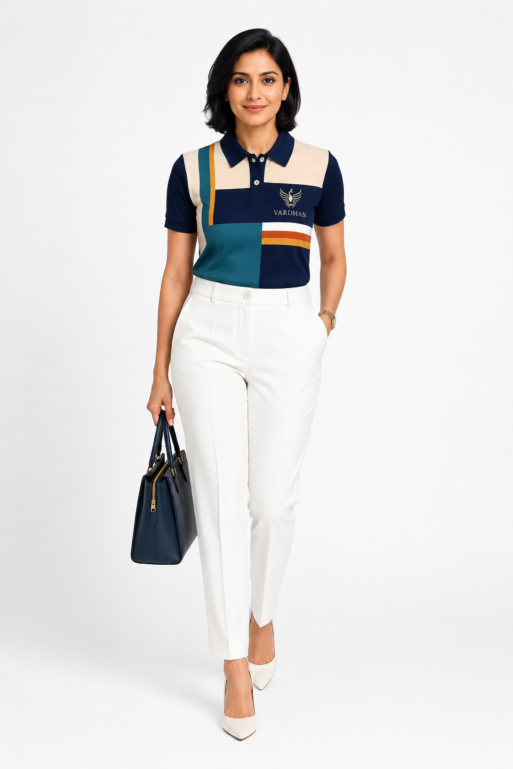 Vardhan Riviera Stripe Polo — Teal, Navy & Amber Color-Block | Women's