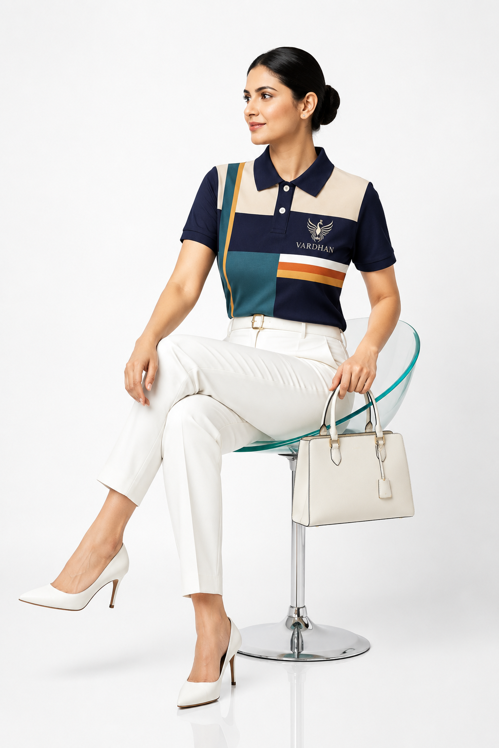 Vardhan Riviera Stripe Polo — Teal, Navy & Amber Color-Block | Women's
