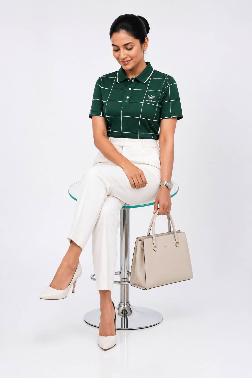 Vardhan Augusta Polo — Forest Green Windowpane Check | Women's