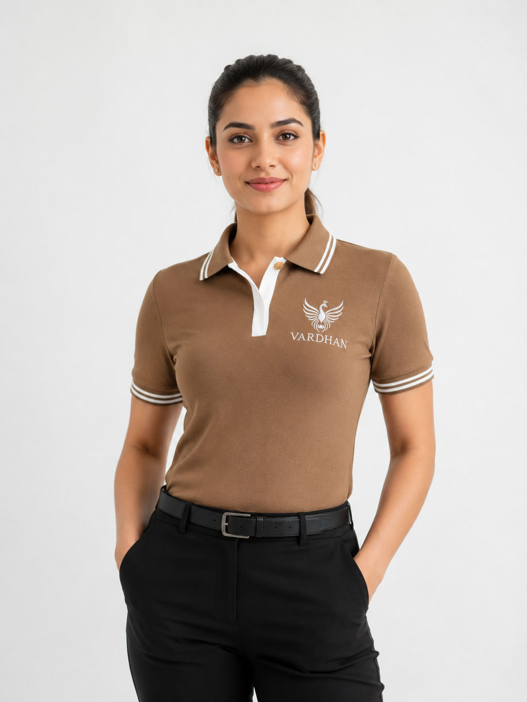Vardhan Mocha Polo — Caramel Brown & White Double Stripe | Women's