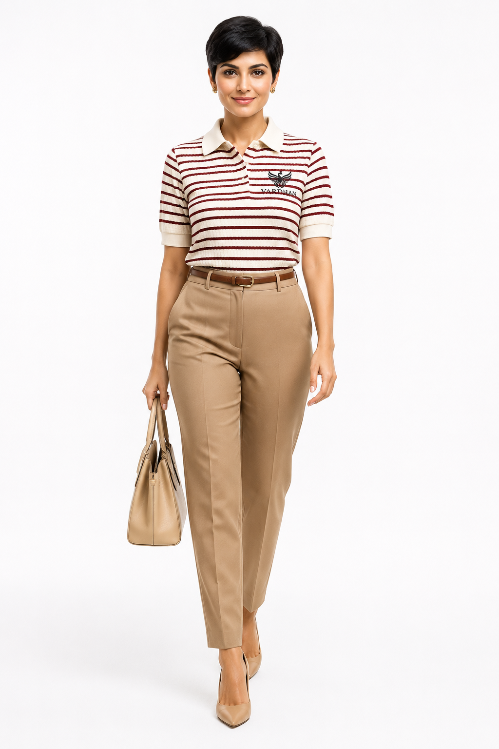 Vardhan Riviera Polo — Cream & Burgundy Stripe Ribbed Jacquard | Women's