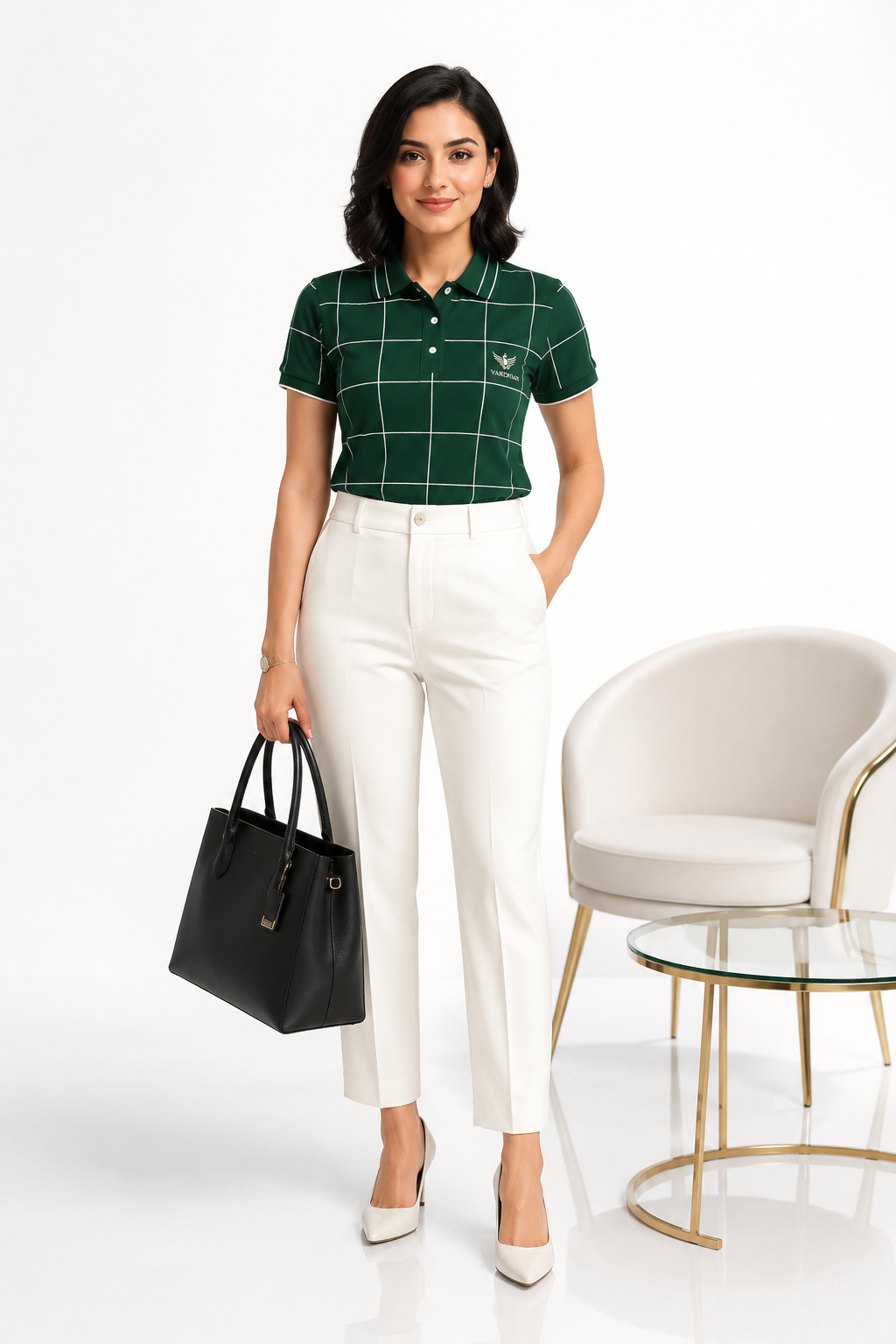 Vardhan Augusta Polo — Forest Green Windowpane Check | Women's
