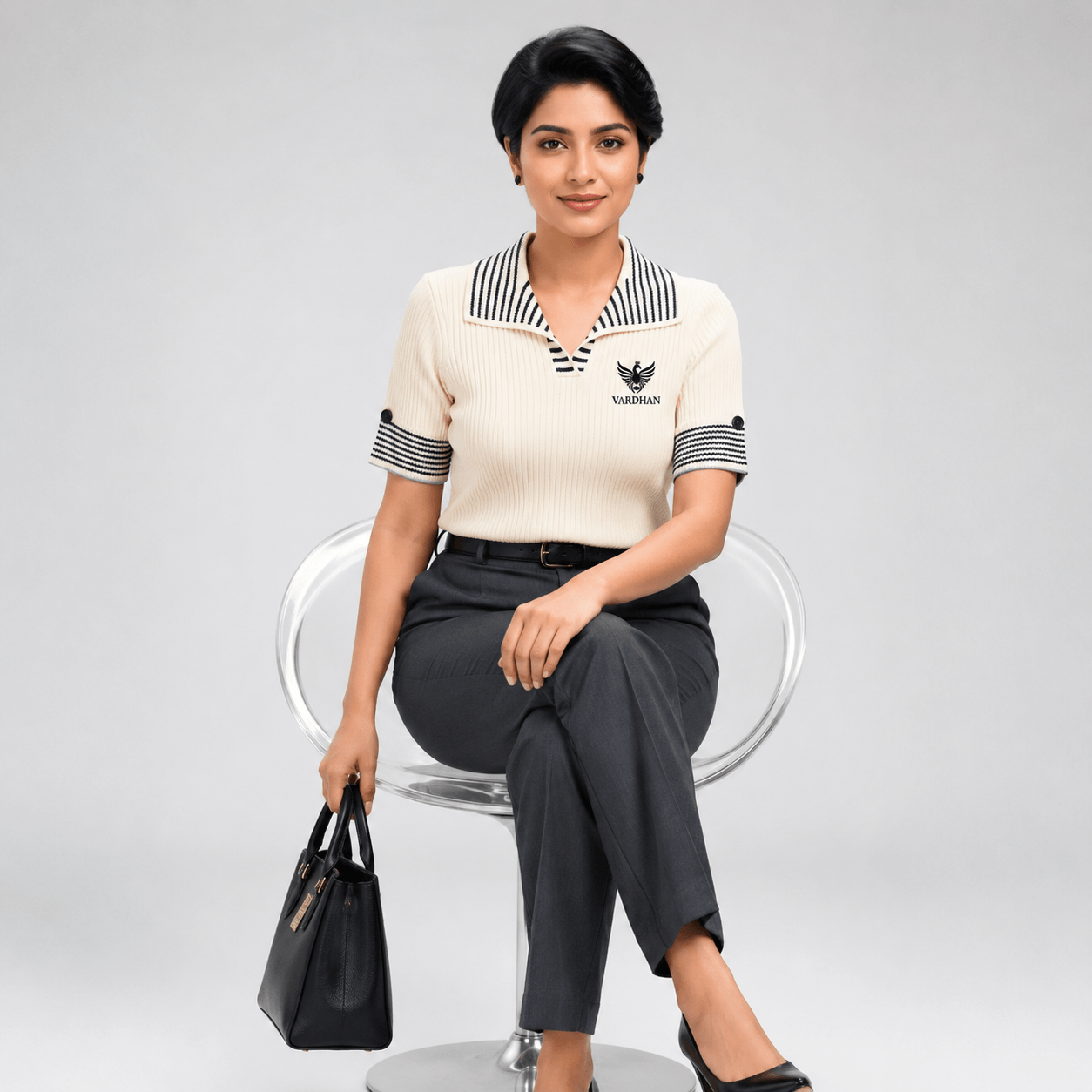 Vardhan Riviera Stripe Polo — Cream Ribbed, Black & White Stripe Collar | Women's