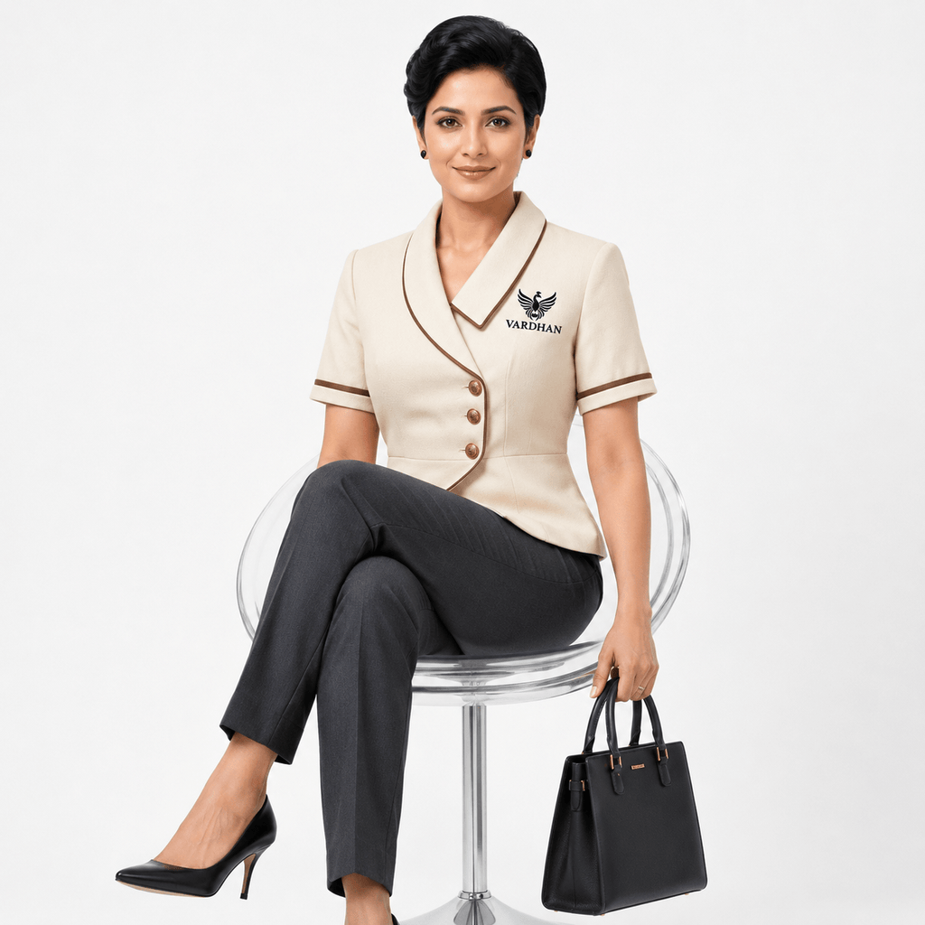 Vardhan Chanel Polo — Cream Structured Blazer-Polo, Chocolate Brown Piping & Gold Buttons | Women's