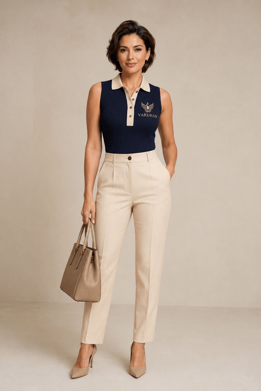 Vardhan Parisienne Polo Vest — Deep Navy Ribbed, Cream Collar & Placket | Women's