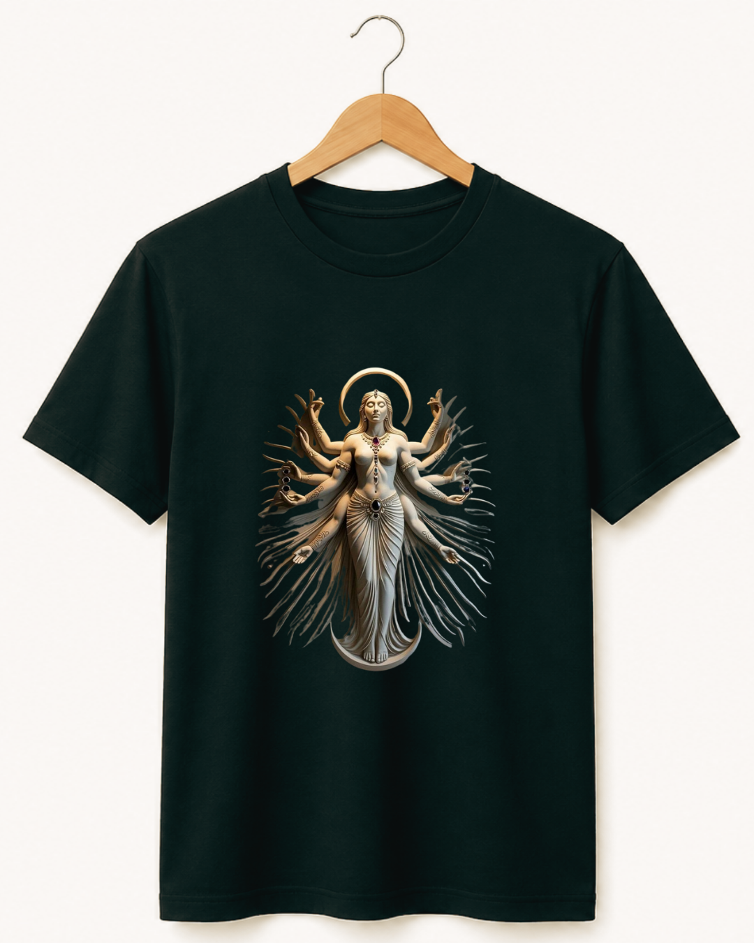 Shakti — Goddess Durga Eight Arms Ivory Gold Sculpture Premium Black T-Shirt