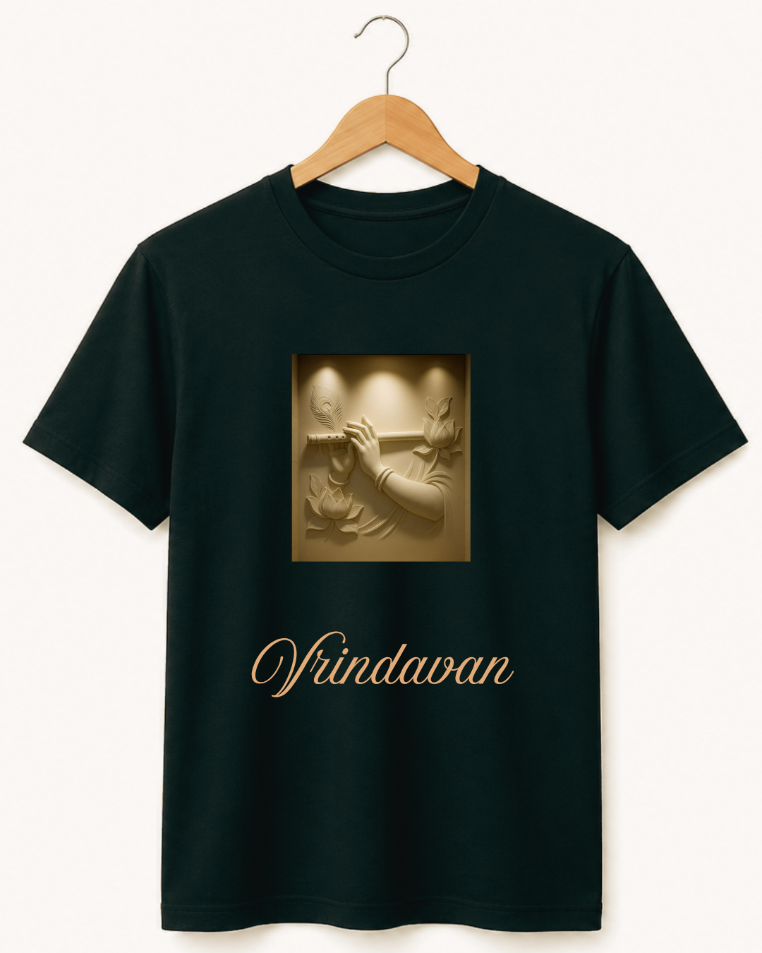 Vrindavan — Krishna Flute Gold Relief Art Premium Black T-Shirt