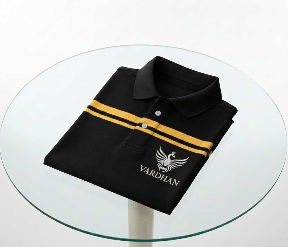 Vardhan Gold Stripe Polo – Jet Black & Gold
