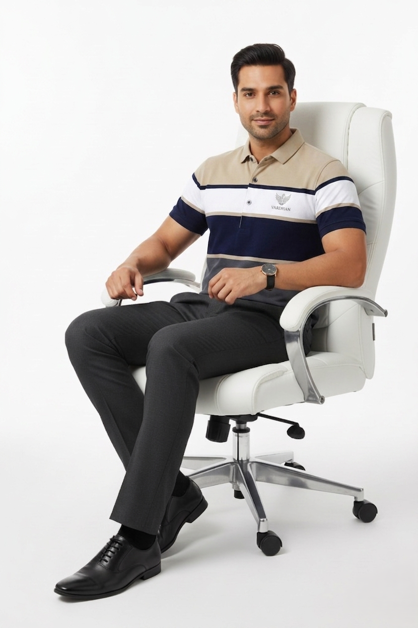 Vardhan Heritage Stripe Polo – Khaki, Navy & Ivory
