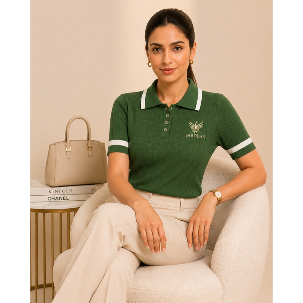 Vardhan Wimbledon Polo — Forest Green & Cream Stripe | Women's