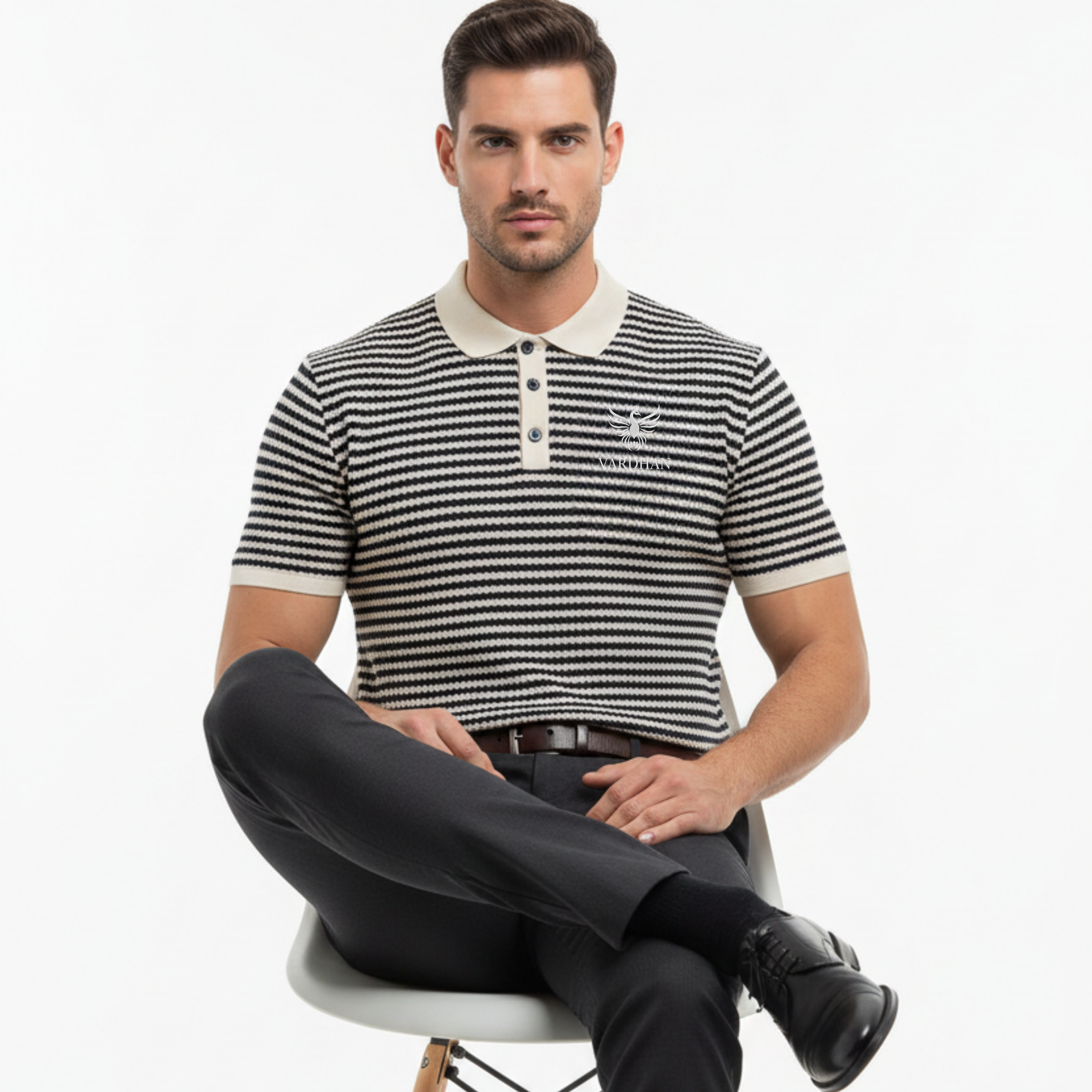 Vardhan Signature Polo — Navy & Cream Waffle Stripe Knit