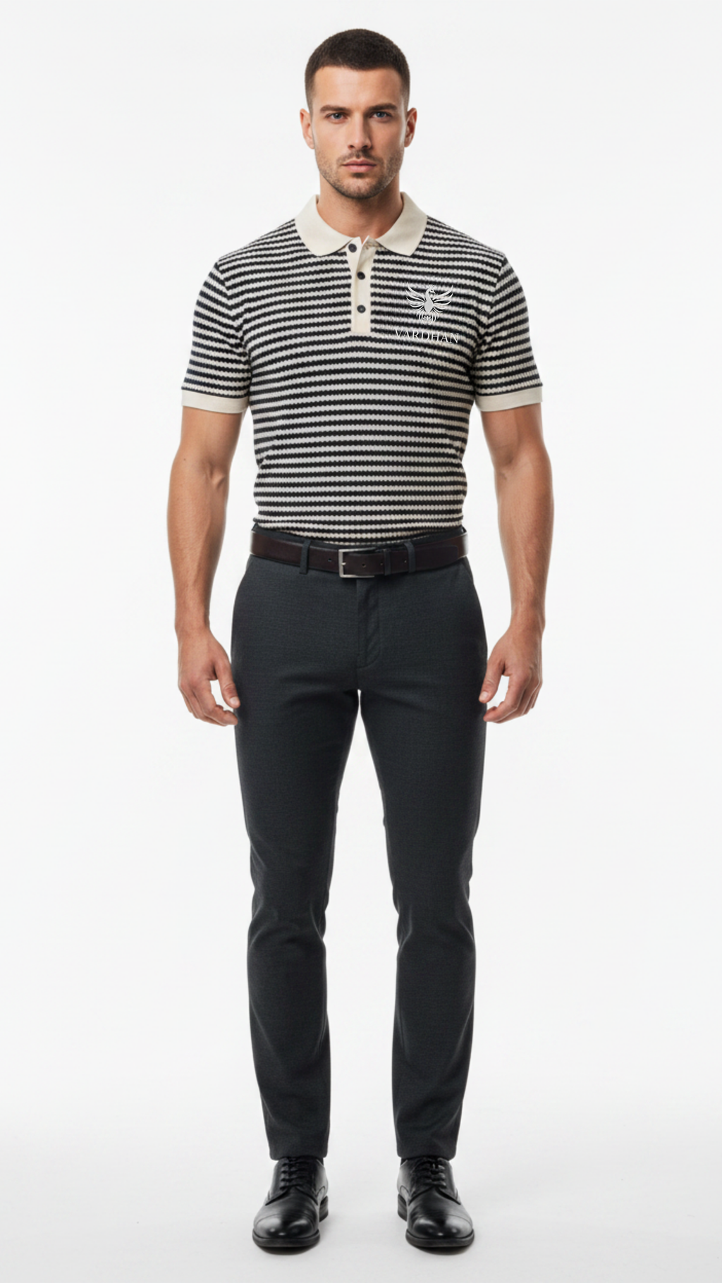 Vardhan Signature Polo — Navy & Cream Waffle Stripe Knit