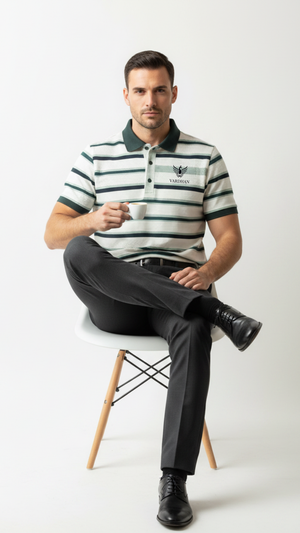 Vardhan Signature Polo — Cream & Forest Green Stripe Waffle Knit