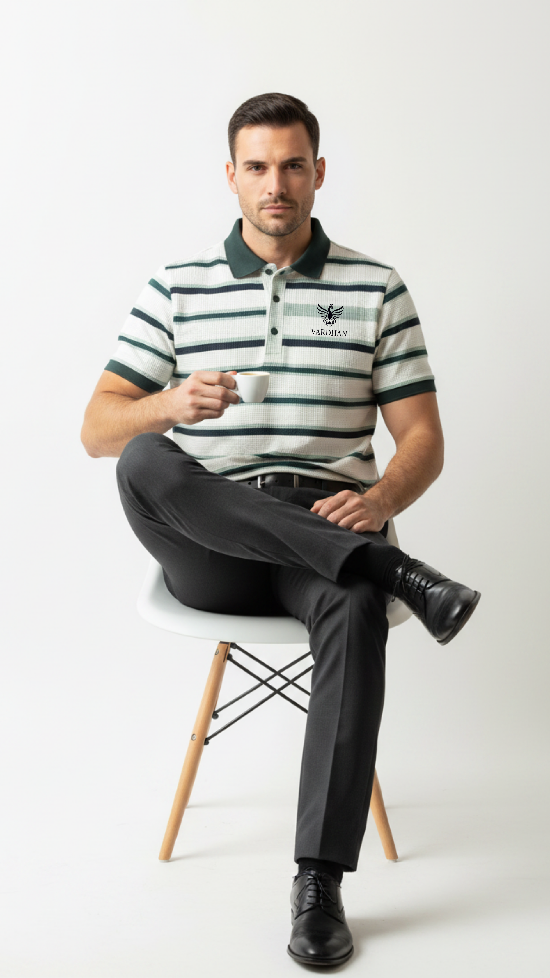 Vardhan Signature Polo — Cream & Forest Green Stripe Waffle Knit