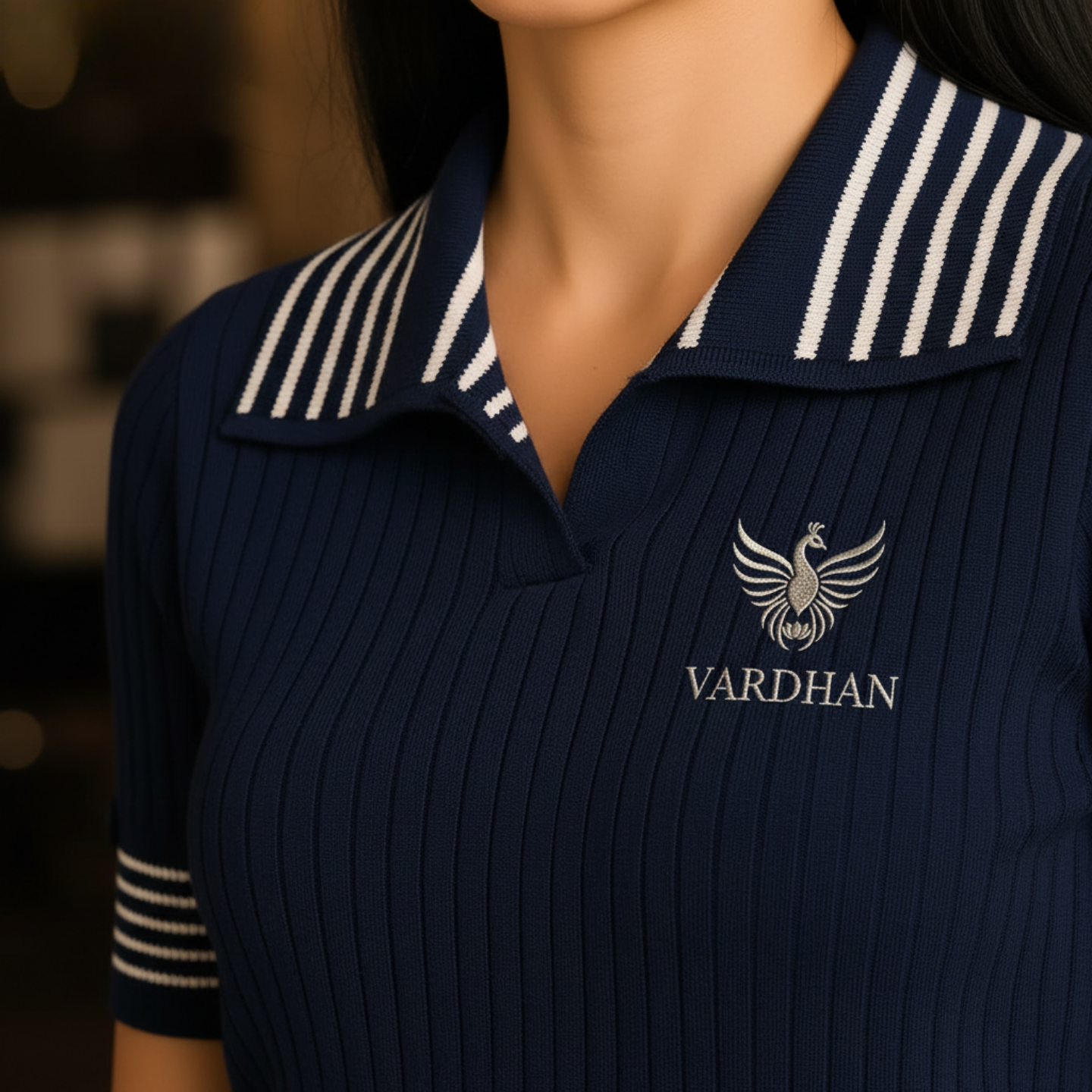 Vardhan Riviera Polo — Deep Navy & White Stripe Open Collar | Women's