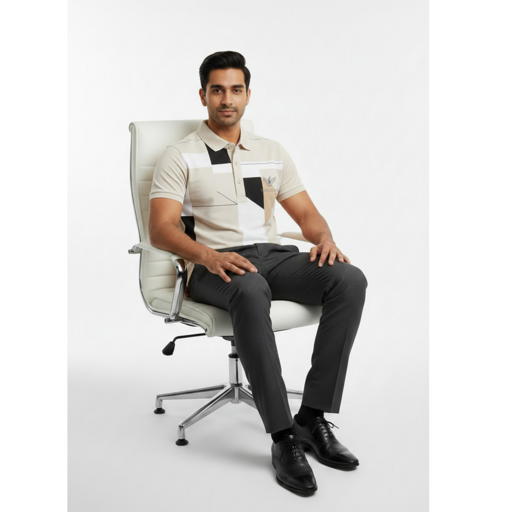 Vardhan Signature Polo – Geometric Colorblock | Cream, Black & White