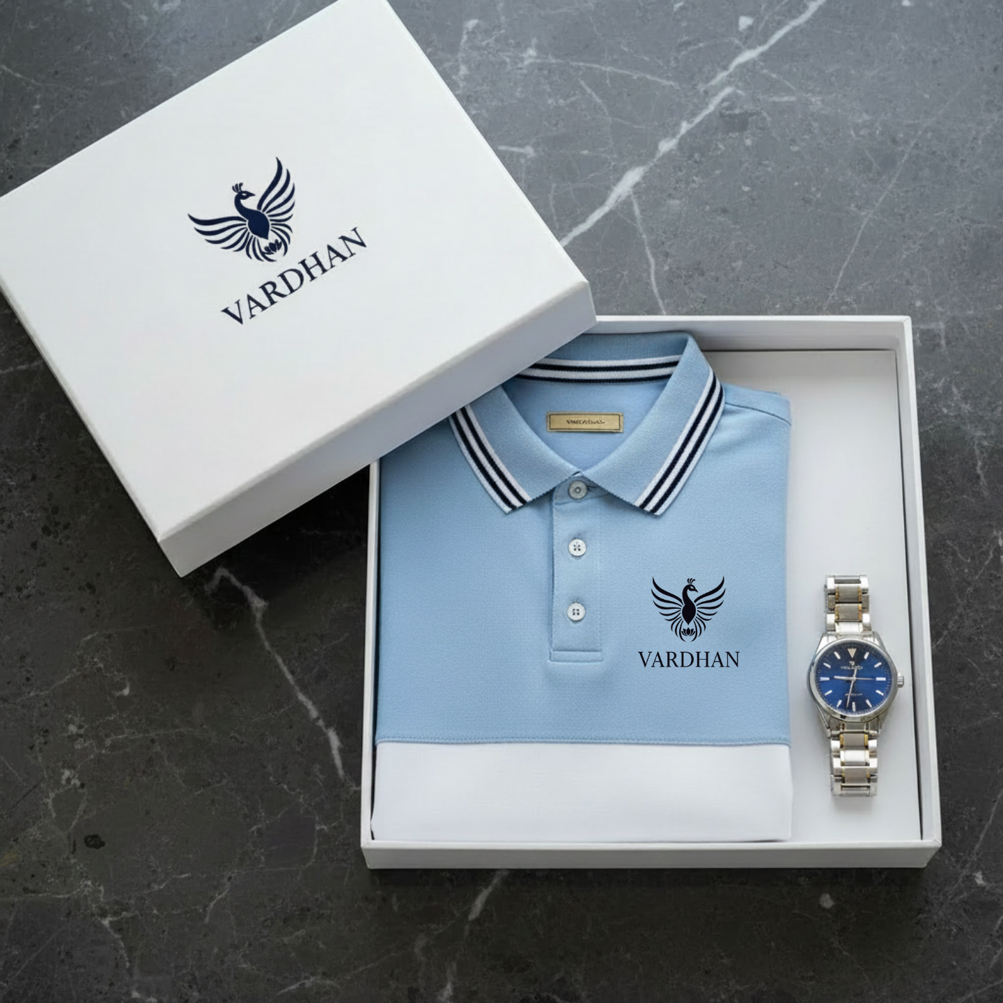 Vardhan Signature Polo T-Shirt – Sky Blue & White Colorblock