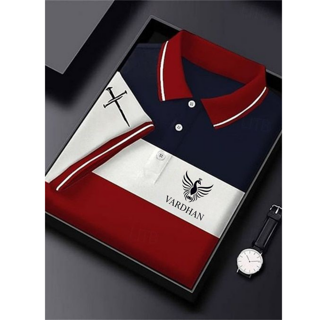 Vardhan Signature Polo – Navy, White & Red Tricolor Colorblock