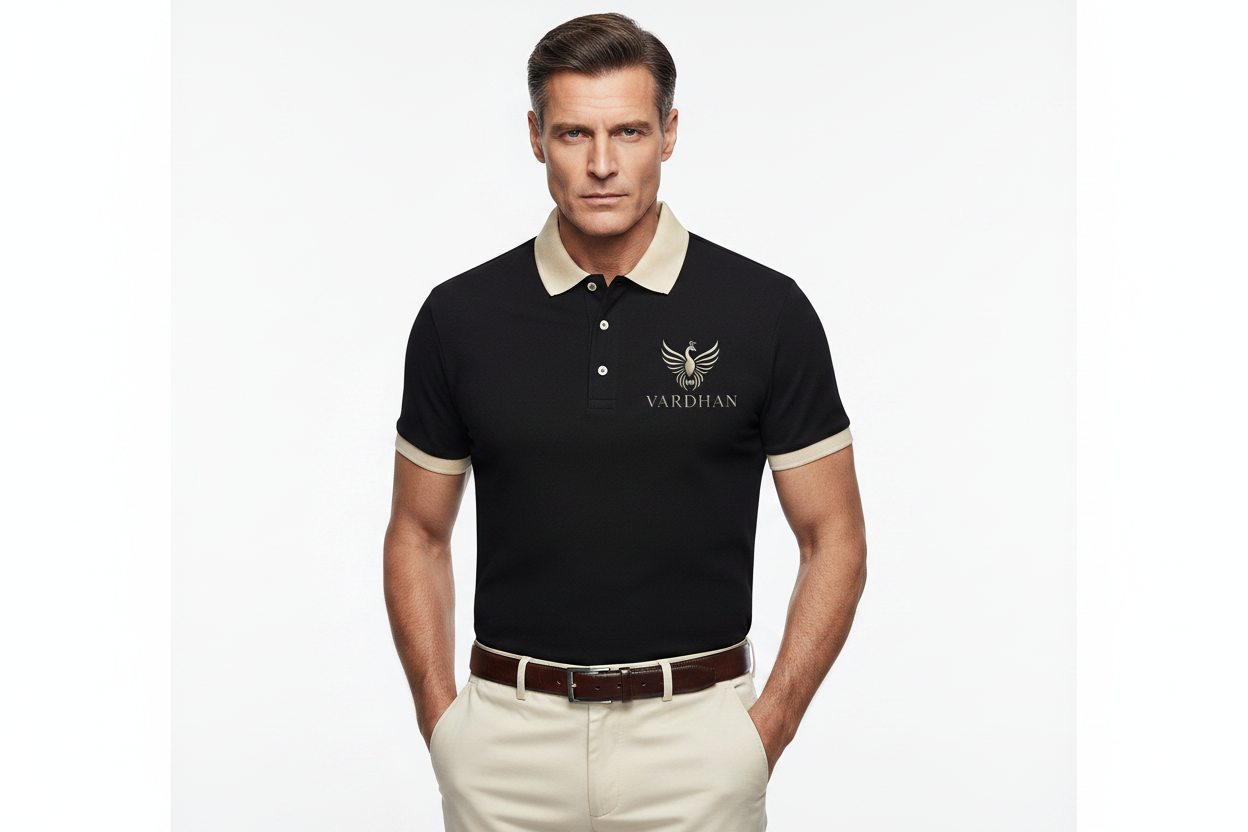 Vardhan Signature Polo T-Shirt – Jet Black | Cream Contrast