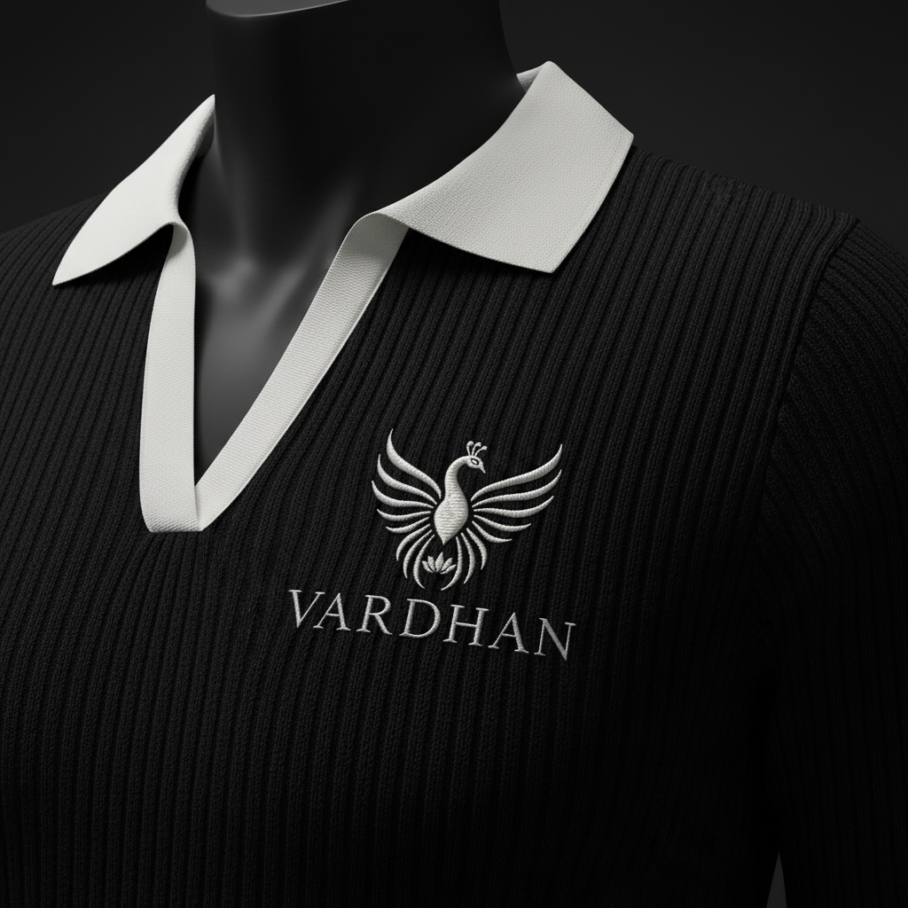 Vardhan Noir Polo — Jet Black & White Open V-Neck | Women's