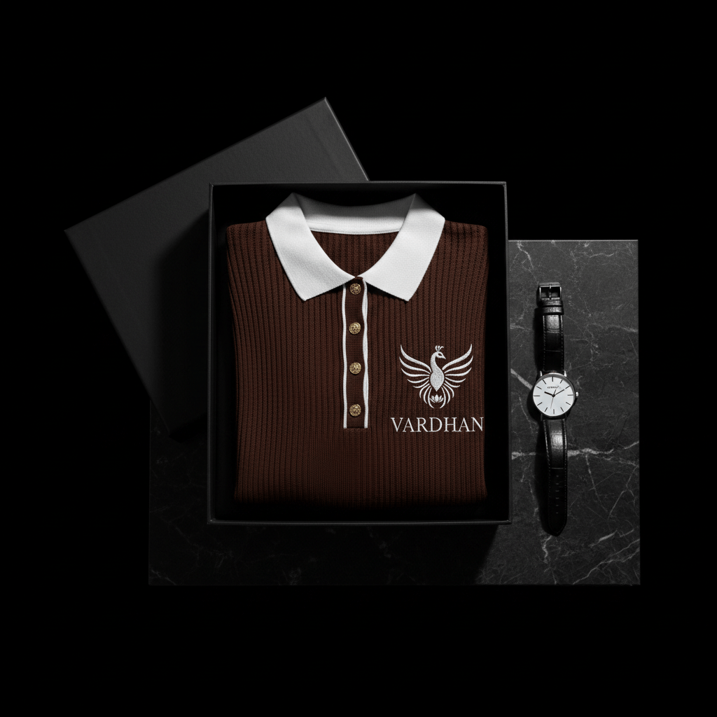 Vardhan Halston Polo — Chocolate Brown Open-Knit, White Collar & Gold Buttons | Women's
