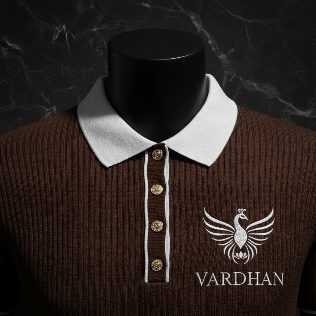 Vardhan Halston Polo — Chocolate Brown Open-Knit, White Collar & Gold Buttons | Women's