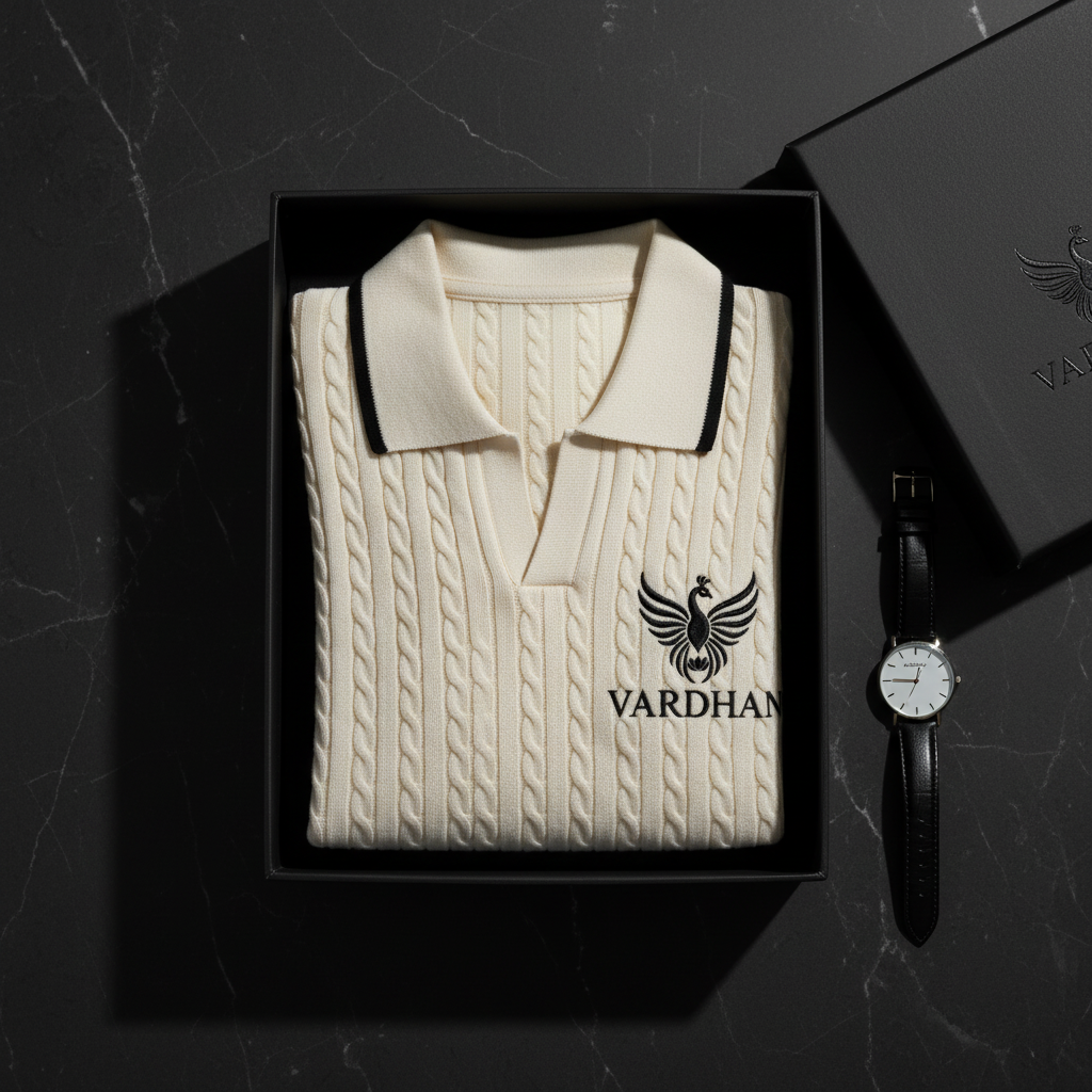 Vardhan Hamptons Polo — Cream Cable-Knit & Black Tipped Collar | Women's