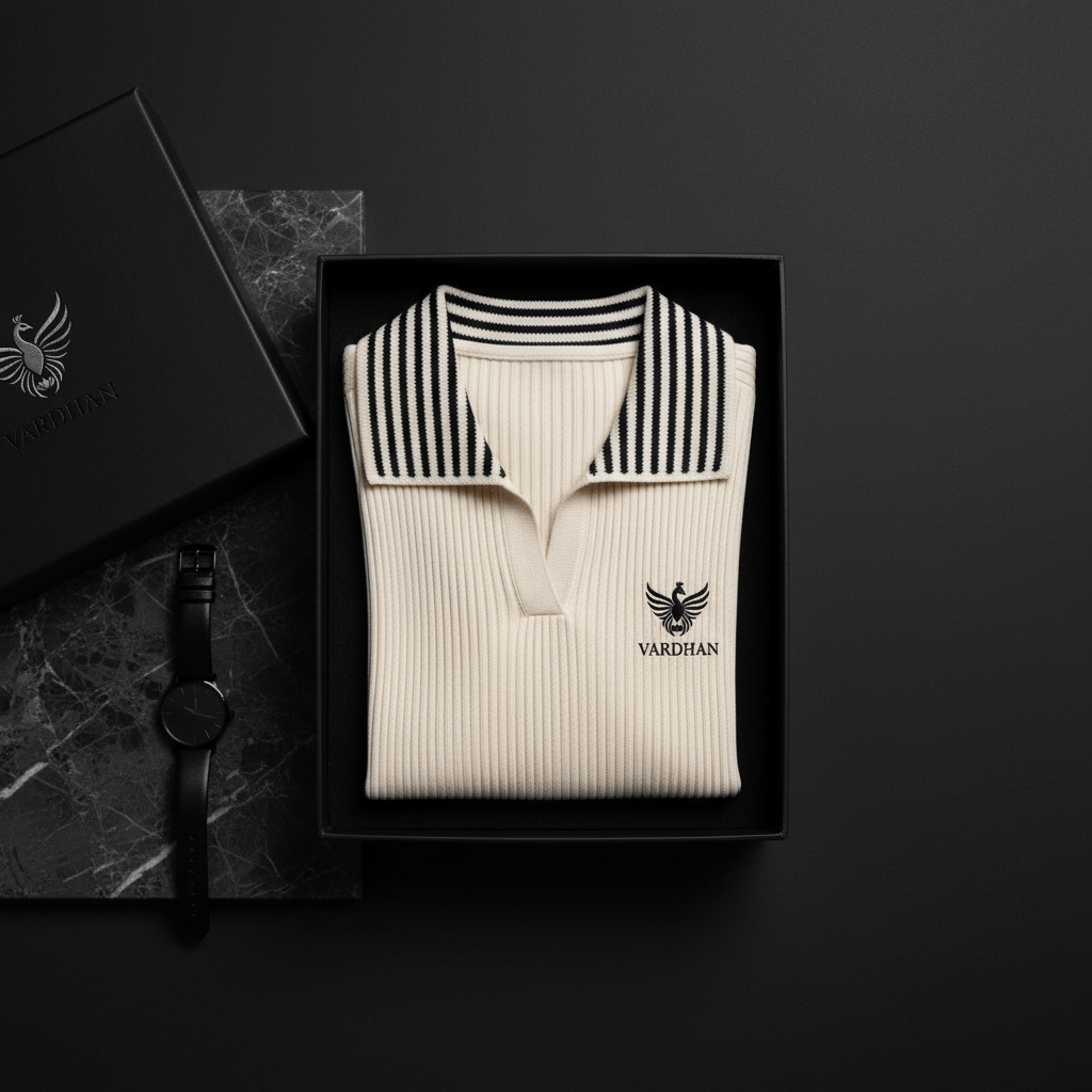 Vardhan Riviera Stripe Polo — Cream Ribbed, Black & White Stripe Collar | Women's