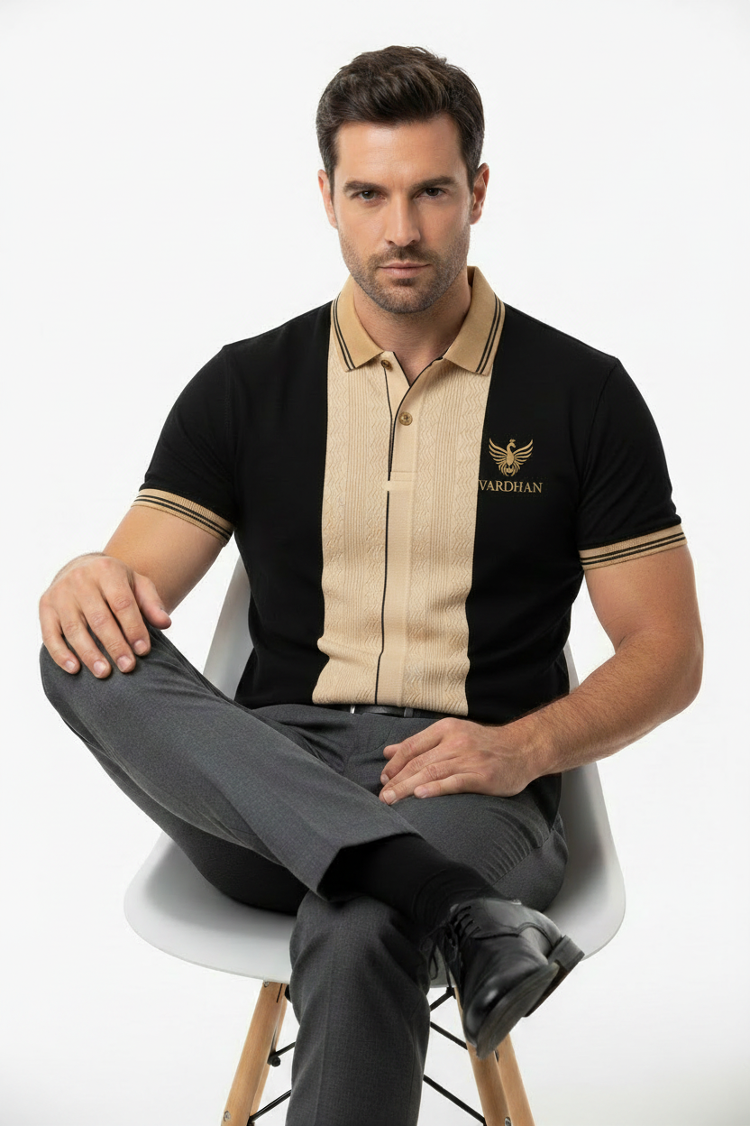 Vardhan Noir Chevron Polo — Jet Black & Cream Jacquard Knit | The Art of Controlled Power