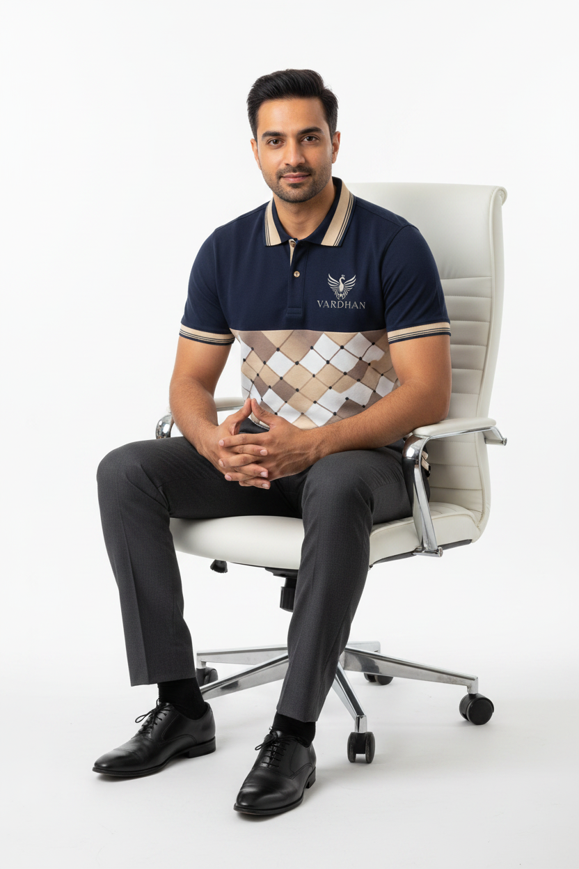 Vardhan Argyle Stripe Polo – Navy & Ivory
