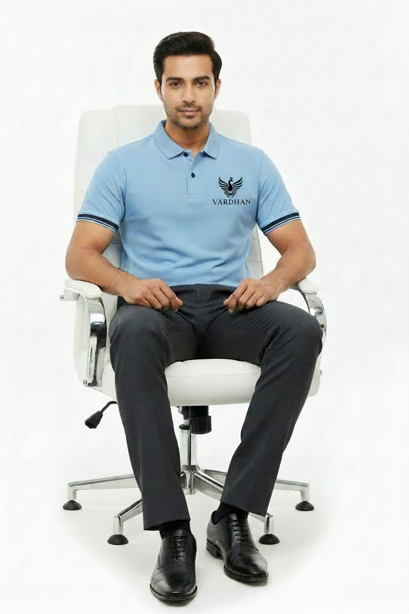 Vardhan Azure Stripe Cuff Polo – Sky Blue & Navy