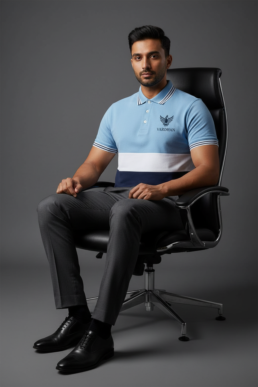 Vardhan Signature Polo T-Shirt – Sky Blue & White Colorblock