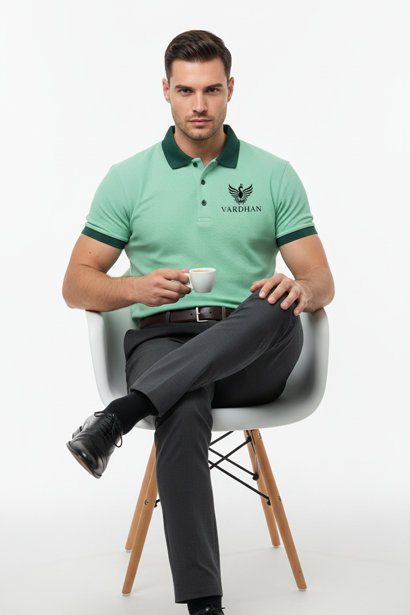 Vardhan Signature Polo — Mint Green & Forest Waffle Knit
