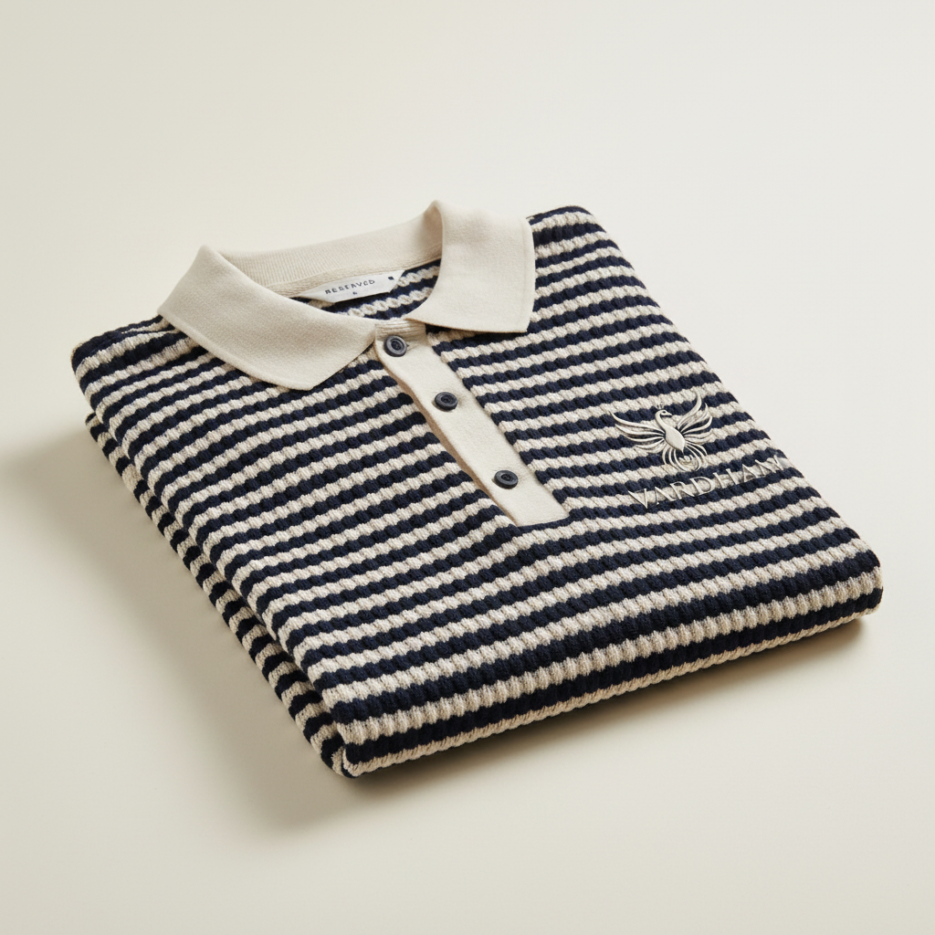 Vardhan Signature Polo — Navy & Cream Waffle Stripe Knit