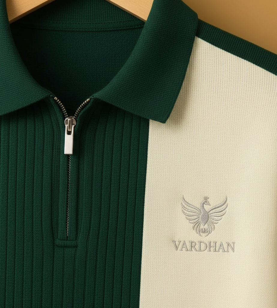 Vardhan Emerald Zip Polo — Forest Green & Ivory Colorblock | Women's
