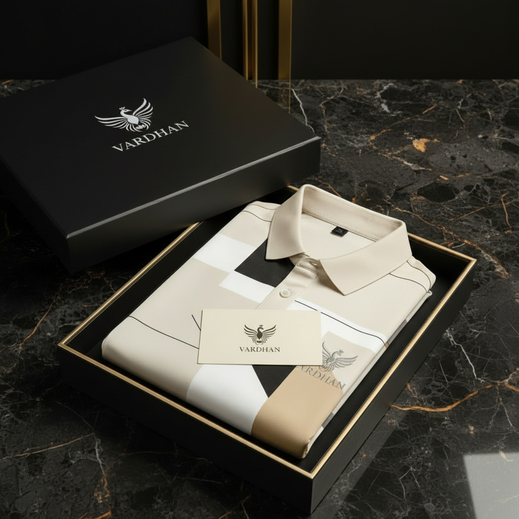 Vardhan Signature Polo – Geometric Colorblock | Cream, Black & White